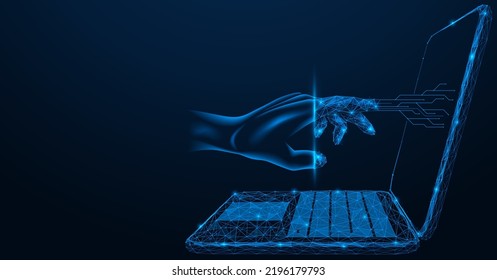 Hand is transformed into a personal computer access key. Polygonal design of lines and dots. Blue background.