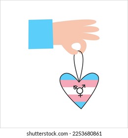 Hand with transgender flag heart and symbol. Trans day of visibility. LGBT equality, diversity, inclusion concept. Vector flat illustration.