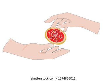 Hand transplant cooky to another one’s hand . Isolate on white background.