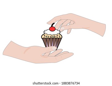 Hand transplant cupcake to another one’s hand . Isolate on white background.