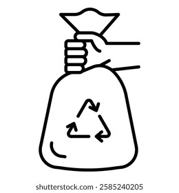 Hand with trash bag icon Flat vector set outline