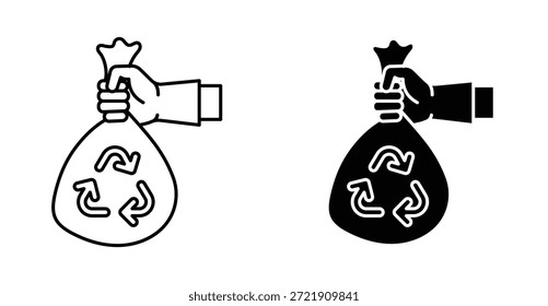Mano Con Bolsa De Basura Icon Set. Mano con el símbolo del Vector de la bolsa de basura en estilo relleno y delineado negro.