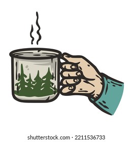 Hand of traveller holding a camping mug. An element for travel or adventure outdoor