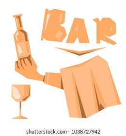 Hand with a tray and a bottle of champagne with glasses, vector illustration on a white background