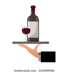 hand with tray with bottle cup wine vector illustration