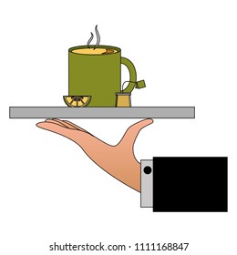 hand with tray and delicious lemon tea cup isolated icon