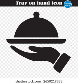 Mano con una bandeja. Icono de buena comida. Icono de la comida de la porción. Trazo editable. Eps 10