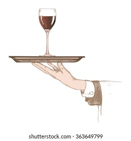 Hand with a tray and a glass of wine