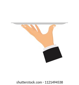 Hand with tray. Hands of the waiter with a tray. Concept service and delivery. Vector illustration.