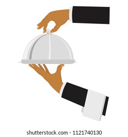 Hand with tray. Hands of the waiter with a tray. Concept service and delivery. Vector illustration.