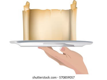 hand with tray and menus parchment