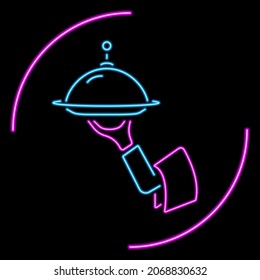 Hand with tray neon sign, modern glowing banner design, colorful trend of modern design on black background. Vector illustration.