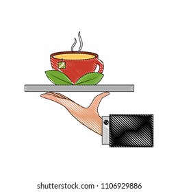 hand tray tea cup hot with leaves bag
