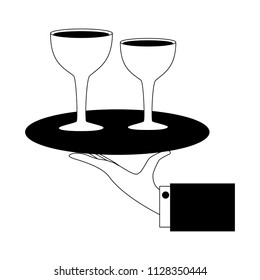hand with tray wine glass drinks service