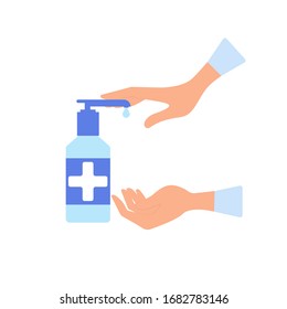 Hand treatment with antiseptic. Vector, flat cartoon. Concept: hygiene, prevention, virus, germs, pollution, bacteria, cleanliness, long-term action, dispenser, agent.