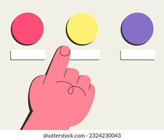 Hand with tree color buttons and blank tag for message. Concept of choosing, selection, choice, pressing button, activating, consideration. Flat vector illustration.