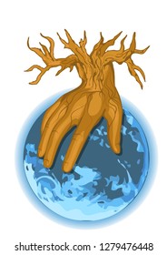  hand as tree and earth on white background