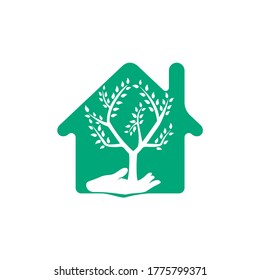 Hand tree and house logo design. Natural home care logo. Spa logo. Beauty salon or yoga logo.	