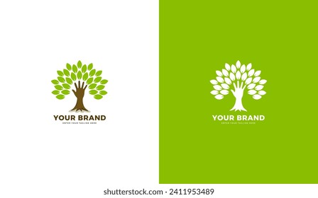 Logotipo del árbol de mano, cuidado del medio ambiente verde. Ilustración del vector