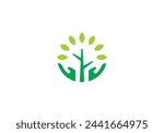 hand tree logo design. care leaf plant symbol icon template