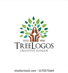 Hand Tree Logo Design Vector Illustration. Prayer Tree Logo Template Nature. People Tree Logo Design .