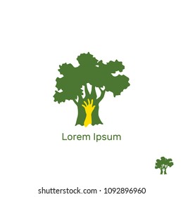Hand in tree logo, vector illustration, flat silhouette, icon, yellow, green, day environment, concept