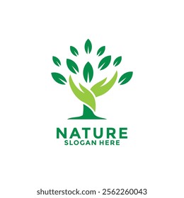 Hand Tree logo vector. Hand with Tree and Leaf logo design. Nature Green Leaf Ecology logo vector template