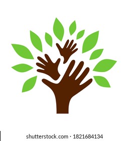 Hand tree logo.Vector drawing illustration of abstract tree silhouette with three brown arms hands and green leaves isolated on white.Happy family symbol icon sign.Protected childhood.
