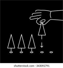 Hand tree planting ecology and environment vector icon and infographic white on black background