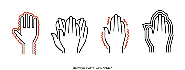 Hand tremor linear icon, pictogram, symbol. Shaking hands problem. Medical sign in outline style. Editable vector illustration in black and red colors isolated on a white background.