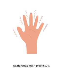 Hand with tremor symptom. Parkinson disease. Trembling or Shivering arms. Physiological stress symptoms. Mental disorders, panic, fear. Vector illustration in flat style isolated on white.