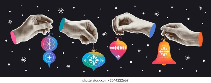 Mano con un efecto semitono de moda que sostiene una bola de Navidad. Decoración feliz de la Navidad en un estilo plano geométrico minimalista moderno.