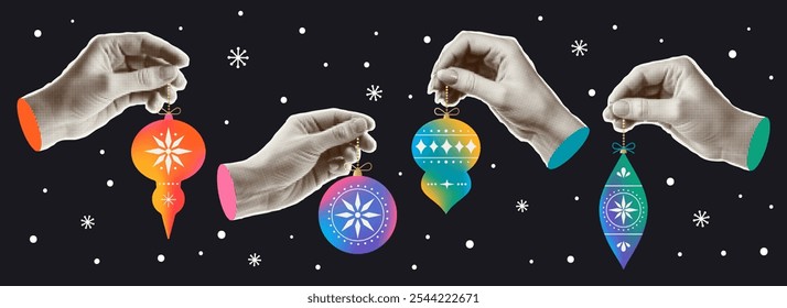 Hand with a trendy halftone effect holding a Christmas ball. Merry Christmas decoration in a modern minimalist geometric flat style.