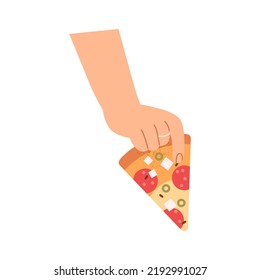 Hand with triangle pizza slice. Fingers holding, taking Italian fast food piece, snack with pepperoni sausage, cheese, olives and crust. Flat vector illustration isolated on white background