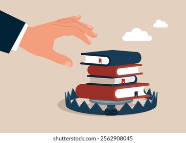 Hand tries to pick up a book in a bear trap. Online courses, distance studying, self education, digital library. Modern flat vector illustration.