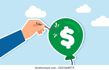 A hand tries to pop a balloon labeled with a dollar sign using a needle, but the needle bends instead, illustration of financial stability and resilience