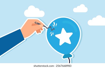 A hand tries to pop a balloon labeled with a star using a needle, but the needle bends instead, illustration of business rating and quality stability and resilience