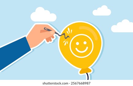 A hand tries to pop a balloon labeled with a happy emoticon using a needle, but the needle bends instead, illustration of market attention stability and resilience