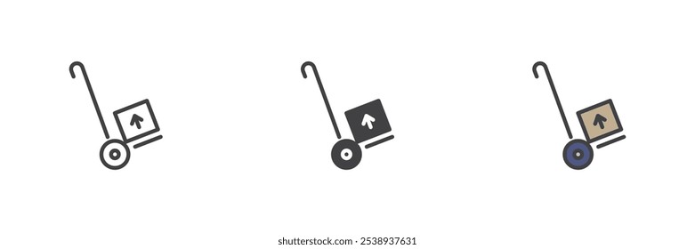 Hand trolley with cardboard box different style icon set. Line, glyph and filled outline colorful version, outline and filled vector sign. Delivery and logistics symbol, logo illustration