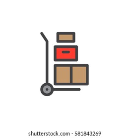 Hand trolley, dolly with boxes line icon, filled outline vector sign, linear colorful pictogram isolated on white. Symbol, logo illustration