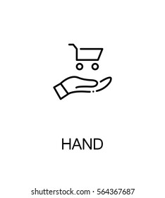 Hand with trolly icon. Single high quality outline symbol for web design or mobile app. Thin line sign for design logo. Black outline pictogram on white background