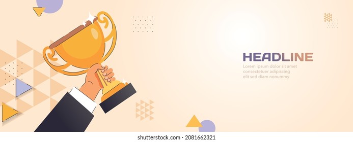 Hand with Trophy cup. Abstract vector trophy. Business or sport  victory. Champions award with 3d background. Winning, competition success, golden prize, first place, best win, celebration victory.