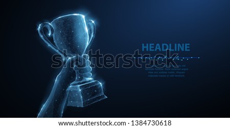 Hand with Trophy cup. Abstract vector 3d trophy isolated on blue background. Champions award, sport victory concept. Competition success, first place, best win, celebration ceremony symbol.