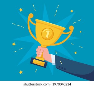 Hand With Trophy Cup. Successful Businessman Holding Golden Trophy Award. Success Celebration, Competition Winner, Champion Vector Illustration. Employee Having Achievement At Work