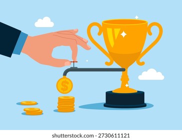 Hand mit Trophäe und Wasserhahn öffnen. Dollarmünzen aus dem Wasserhahn. Geschäftsidee, um Geld oder Gewinn zu machen. Erhalten Sie eine Auszeichnung für den Erfolg Ihres Unternehmens. Ehrgeiz, Motivation und Inspiration. Vektorgrafik