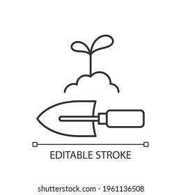 Hand trowel linear icon. Digging small holes. Smoothing soil. Hand shovel. Transplanting seedling. Thin line customizable illustration. Contour symbol. Vector isolated outline drawing. Editable stroke