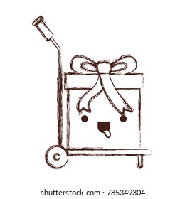 hand truck with big kawaii gift box in monochrome blurred silhouette