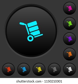 Hand truck with boxes dark push buttons with vivid color icons on dark grey background