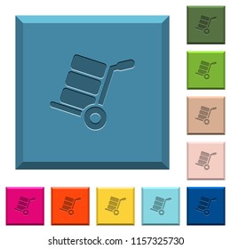 Hand truck with boxes engraved icons on edged square buttons in various trendy colors