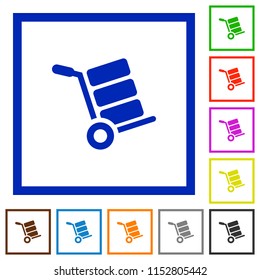 Hand truck with boxes flat color icons in square frames on white background
